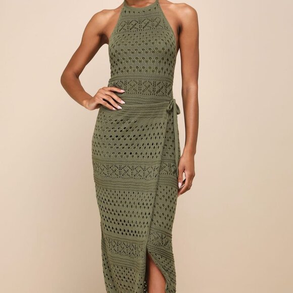 Lulus Dresses & Skirts - Olive Green Crochet Faux-Wrap Halter Midi Dress